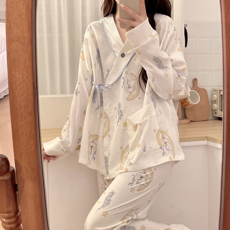 Summer Thin Maternity Pajamas Pure Cotton Crepe Fabric Pregnant Women Nightgown Nursing Wear Adjustable Home Clothes