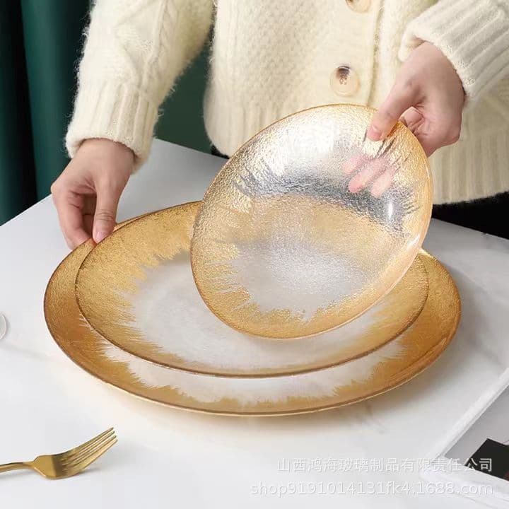 Manufacturer wholesale gold foil glass dinner plate, household golden salad bowl, gold polished glass plate, gold foil leather pattern dinner plate