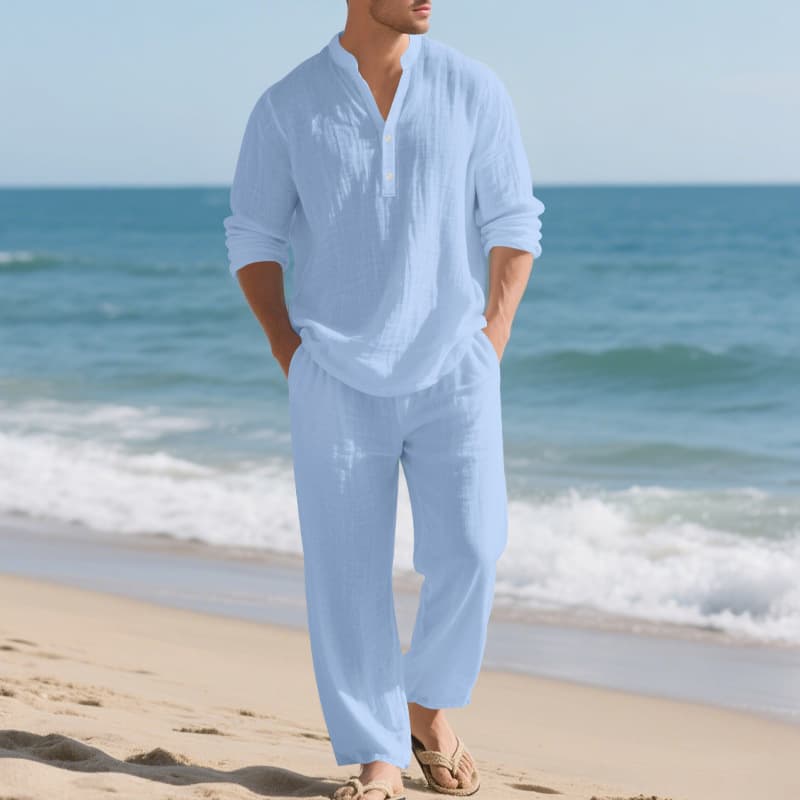 2026 Men's New Cross-Border Independent Station Linen Set Men's Loose Casual Long-Sleeve Sportswear Set