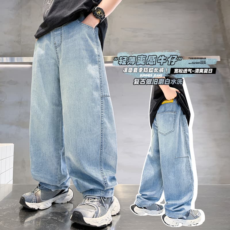 Boys' summer loose wide-leg jeans light blue washed floor-length trousers medium and large children's trendy straight trousers summer fashion trend