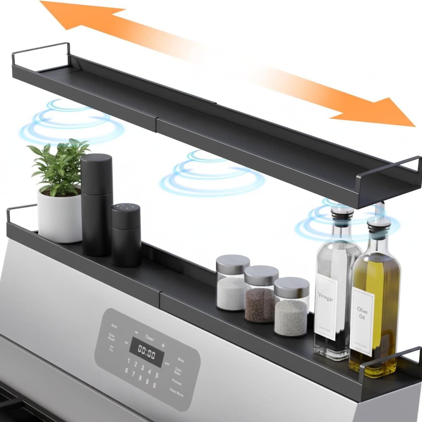 Expandable stainless steel stove top rack, suitable for magnetic stoves with back heights of 40 to 76 cm.