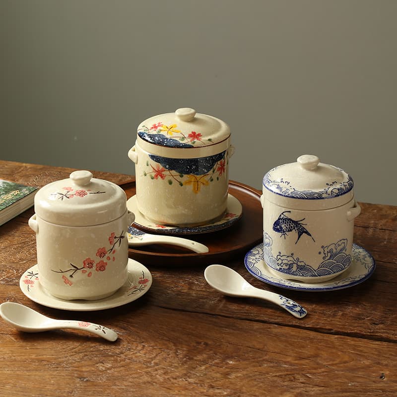 Ceramic double-lid stew pot with lid for stewing bird's nest and steaming eggs, double-eared stew pot, suitable for home use, restaurants, and hotels.