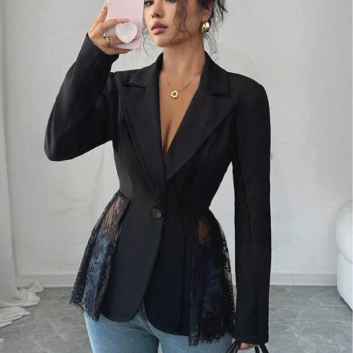 European and American cross-border Amazon 2026 new autumn and winter contrasting color lace waist slim A-line women's suit jacket