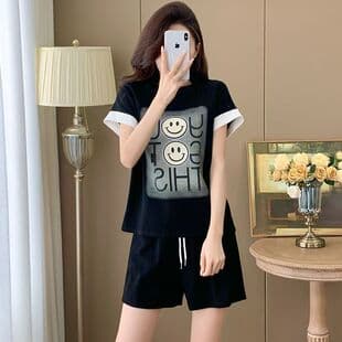 Cotton-Like 2025 New Sports Set T-Shirt and Shorts Set Women's Summer Short Sleeve Two-Piece Trendy