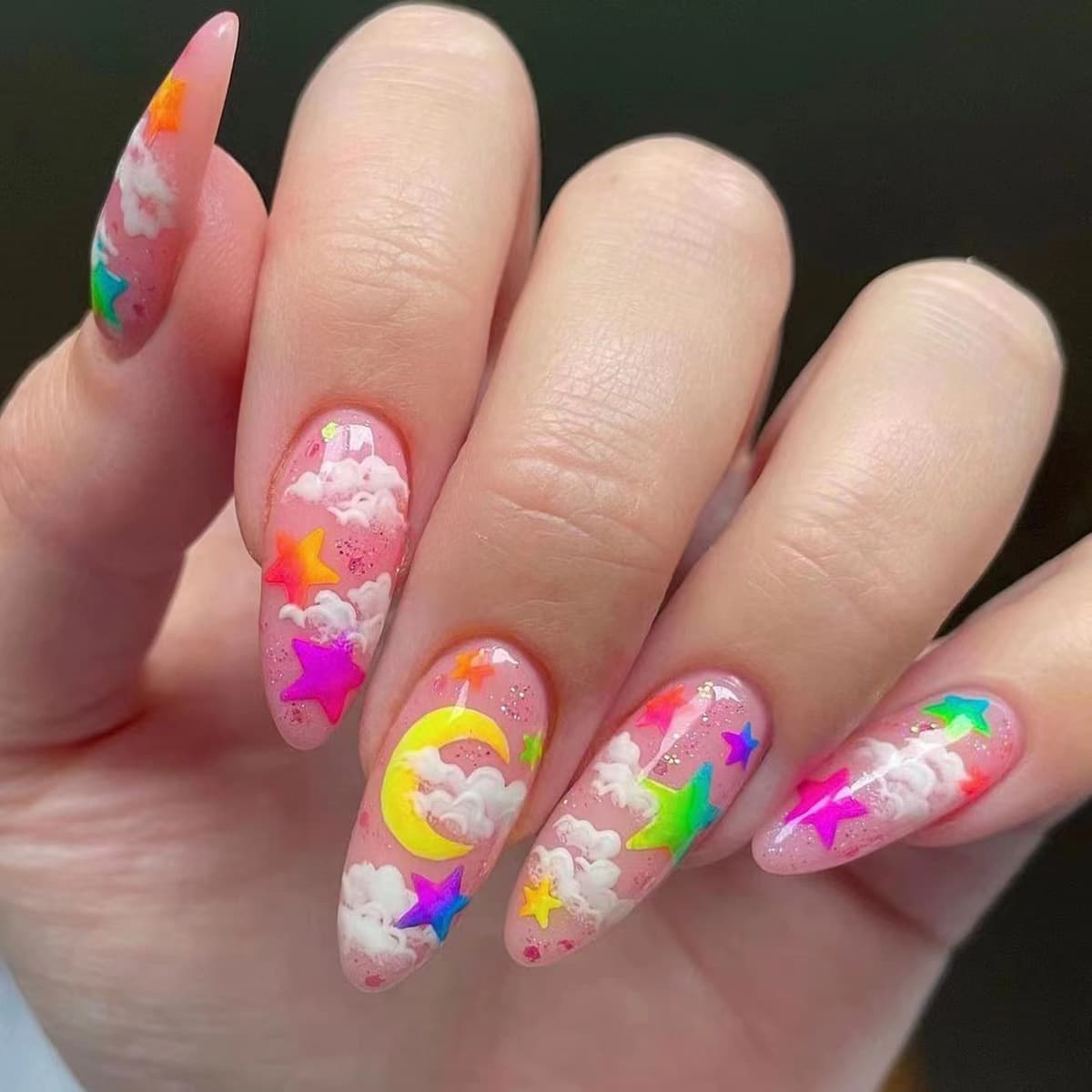 Wearable Nail Wraps Moon Star White Cloud Multicolor Cute Press On Nails