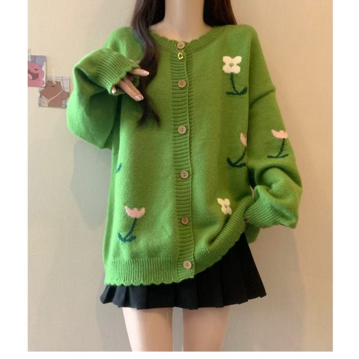 Embroidered Floral Cardigan Sweater for Women 2025 Spring Autumn Korean Loose Fit Slimming Knit Open Front Top