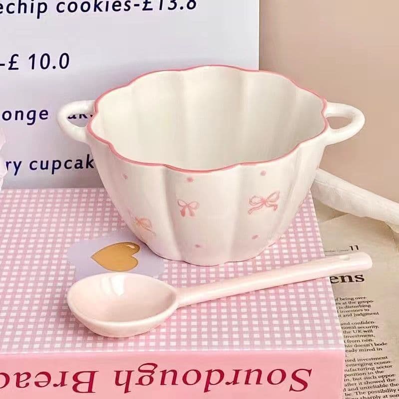 Pumpkin Double-Handle Ceramic Bowl Wholesale Bowl with Spoon Cream Underglaze Ceramic Double-Handle Soup Bowl Strawberry