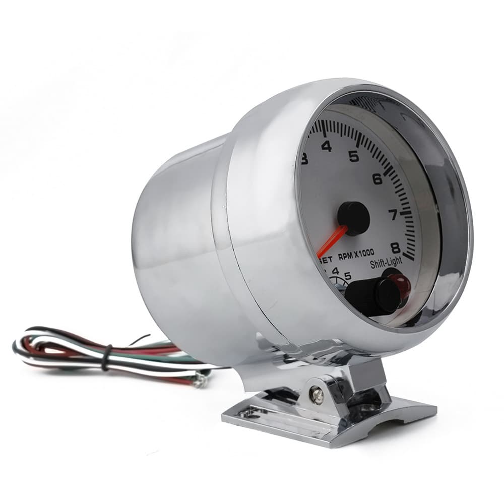 Car Modification Gauge 3.75 Inch 0-8000RPM Black/White Face 7-Color Background Light Tachometer Chrome Plated Outer Ring