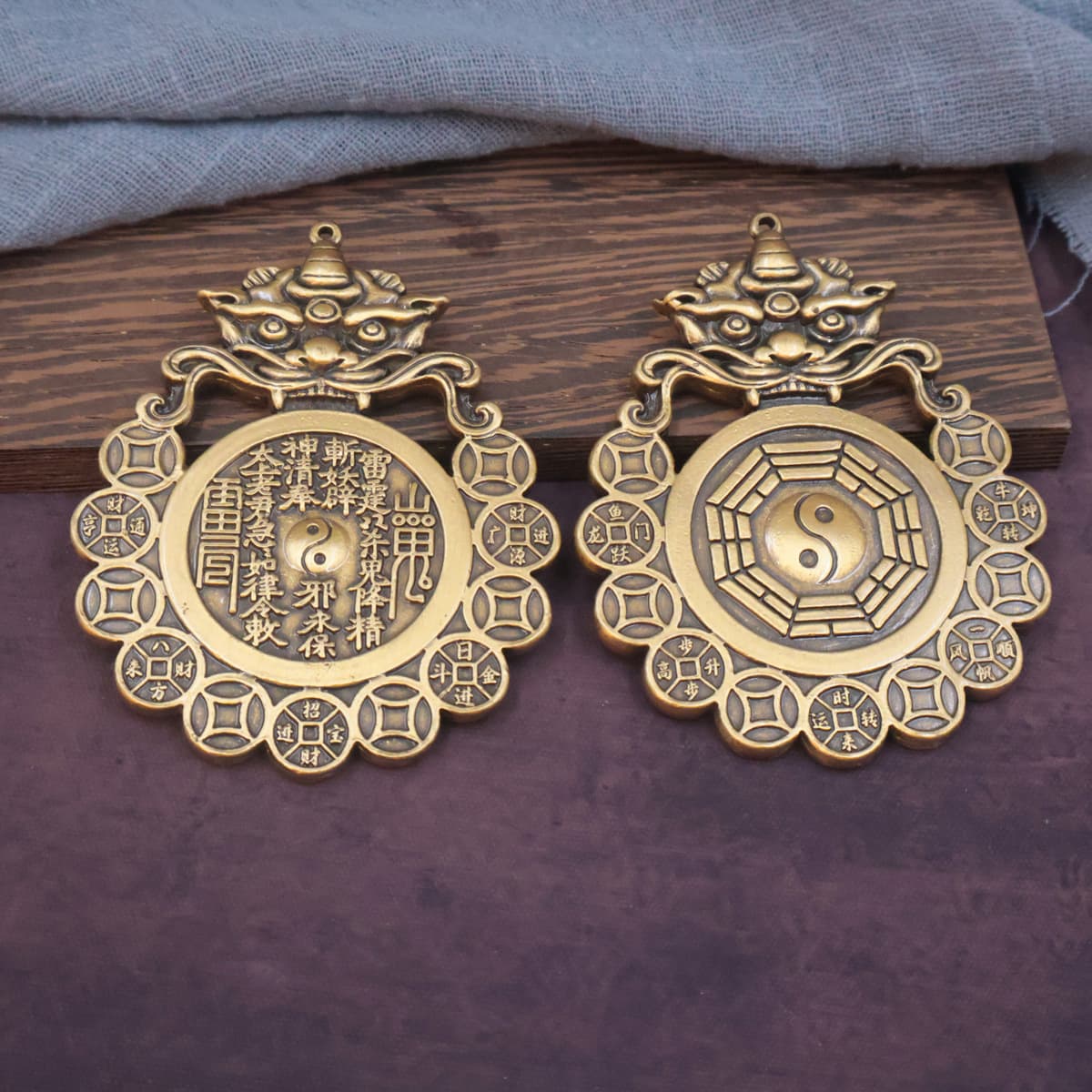 Brass Mountain Ghost/Thunder God/Bagua Beast Coin Set with "World Peace" & Ten Emperor Charms, Car Feng Shui Ornament