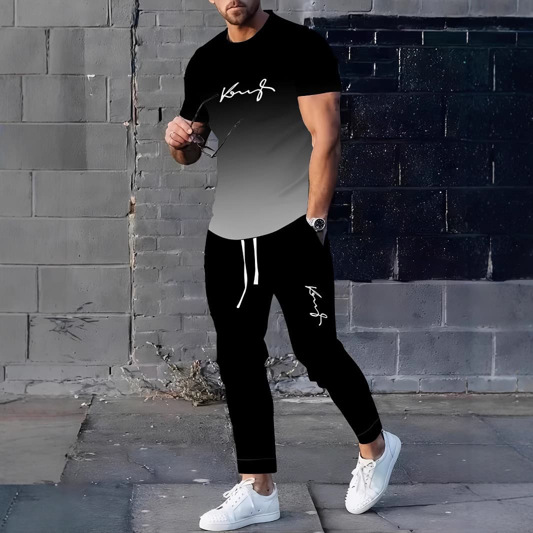 Cross-border TEMU 2026 Summer/Fall Men's Casual Fashion Simple Trendy Short Sleeve Long Pants 3D Print Set