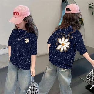 100% Cotton Girls Short Sleeve T-Shirt Kids Summer Round Neck Half Sleeve Stylish Loose Top Toddler Undershirt