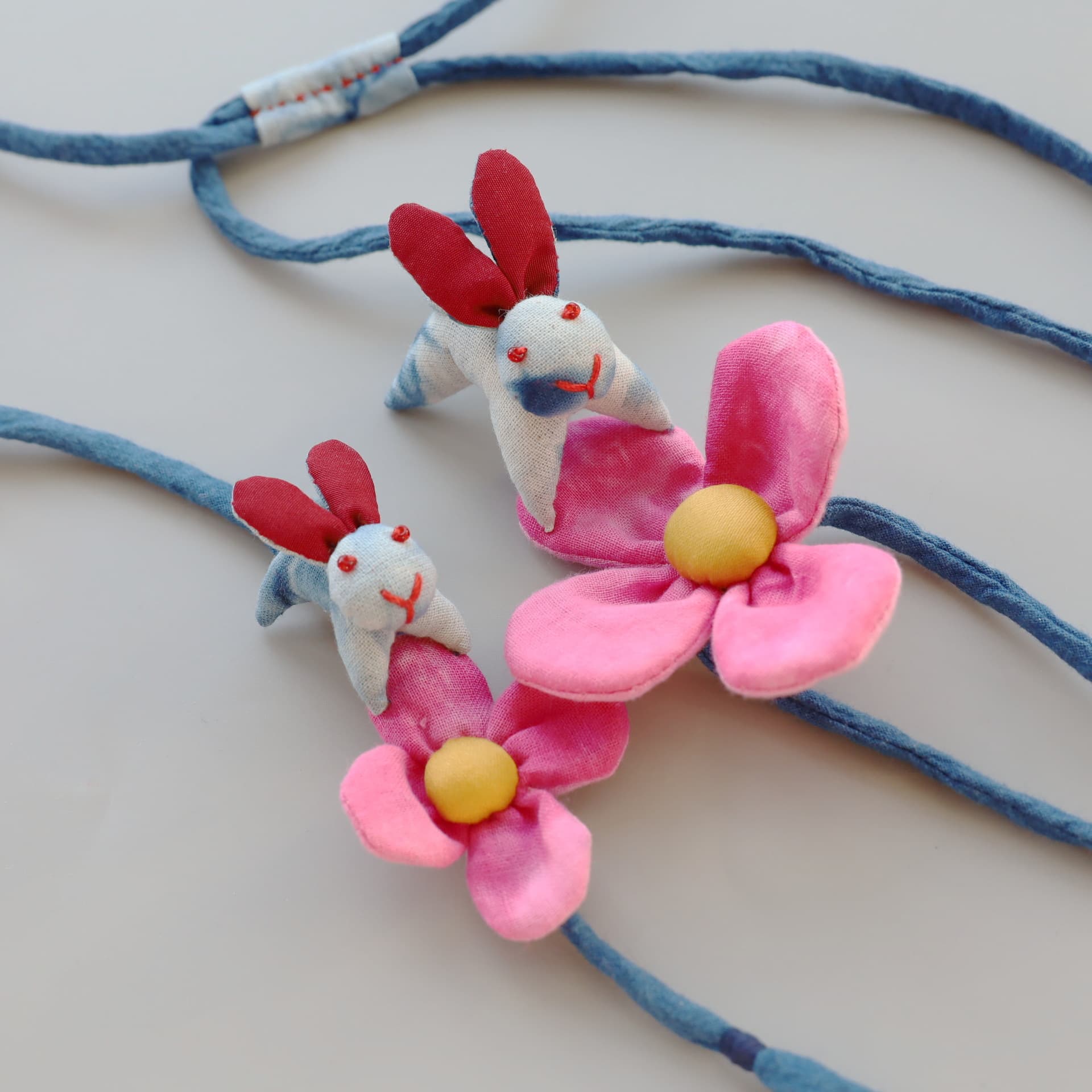 Bu Ming Tang Rabbit Hug Flower Necklace Bracelet Plant Indigo Dying Handmade Fabric Jewelry