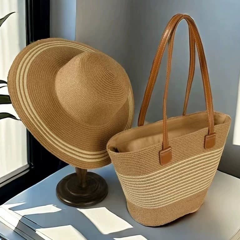 Fashion new straw hat bag two-piece set outdoor travel sun hat large brim to show face small with large capacity bag