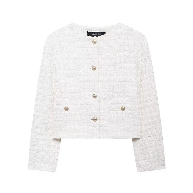 Women's Autumn/Winter Little Chanel-Style Cream Textured Round Neck Long-Sleeve Coat, European-American Style 2024 Cross-Border New Arrival