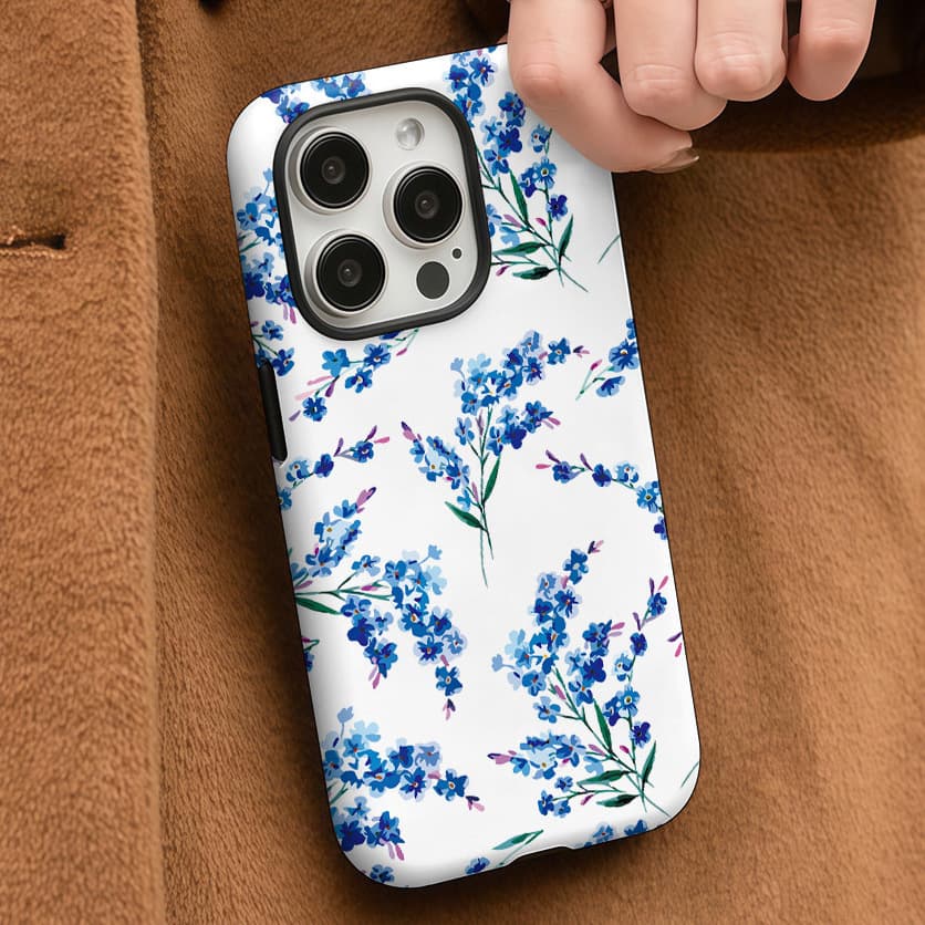 Cross-border Hot Selling Blue Flower Phone Case 15pm Double Layer Film Case iPhone 16 Shockproof Lavender Phone Cover