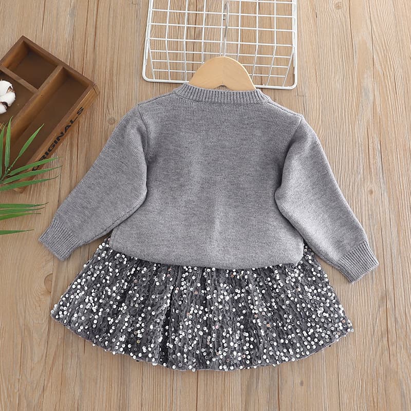 Girls Sweater Set Fall Winter 2025 New Stylish Sequin Bow Knit Two-Piece Set Skirt + Top