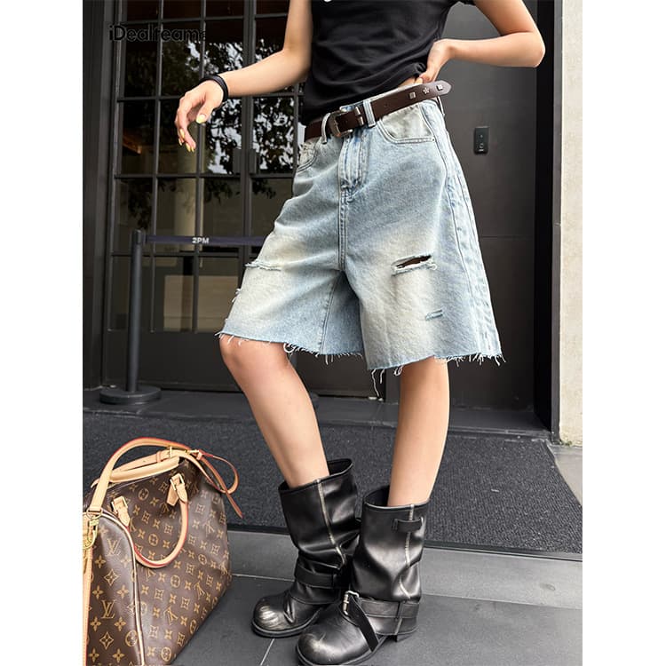 6.1 New Arrival IDEALTEAM Vintage Washed Distressed Denim Shorts Women Loose Shorts 900815