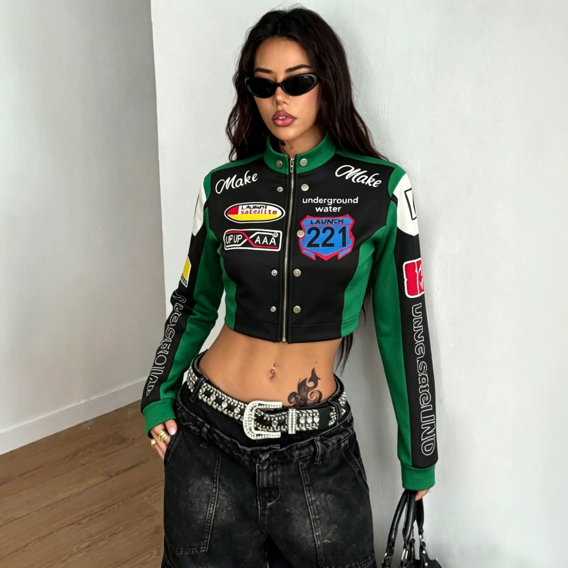 Internet celebrity motorcycle baseball uniform women's casual jacket high street baseball uniform slim spring and autumn trendy stand-up collar jacket