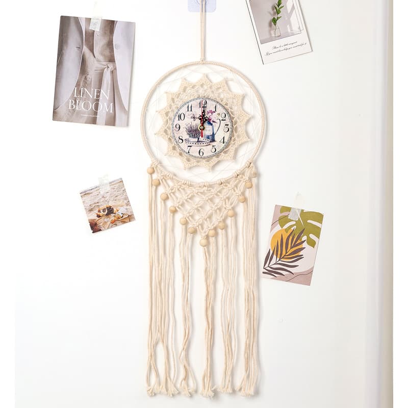 Woven Dreamcatcher Silent Wall Clock, Home Hanging Decor, Handmade Tassel Clock, Creative Hanging Ornament for Guesthouses