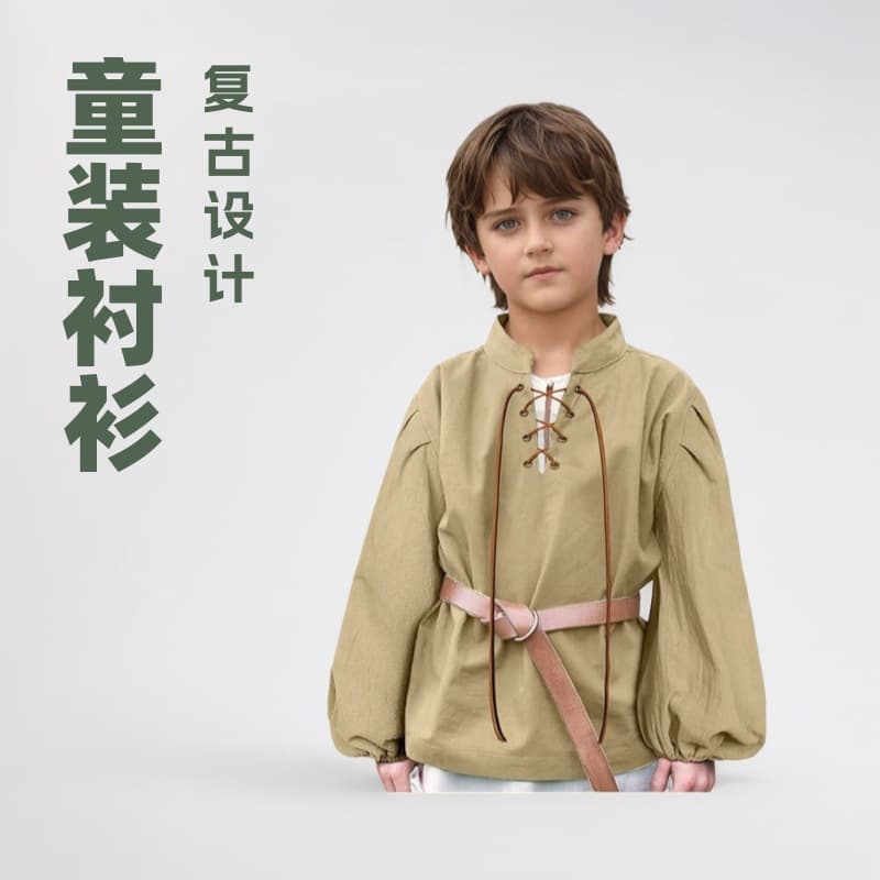 Cross-border medieval stand-up collar children's shirt boys and girls lace-up pirate shirt Viking colonial European and American retro