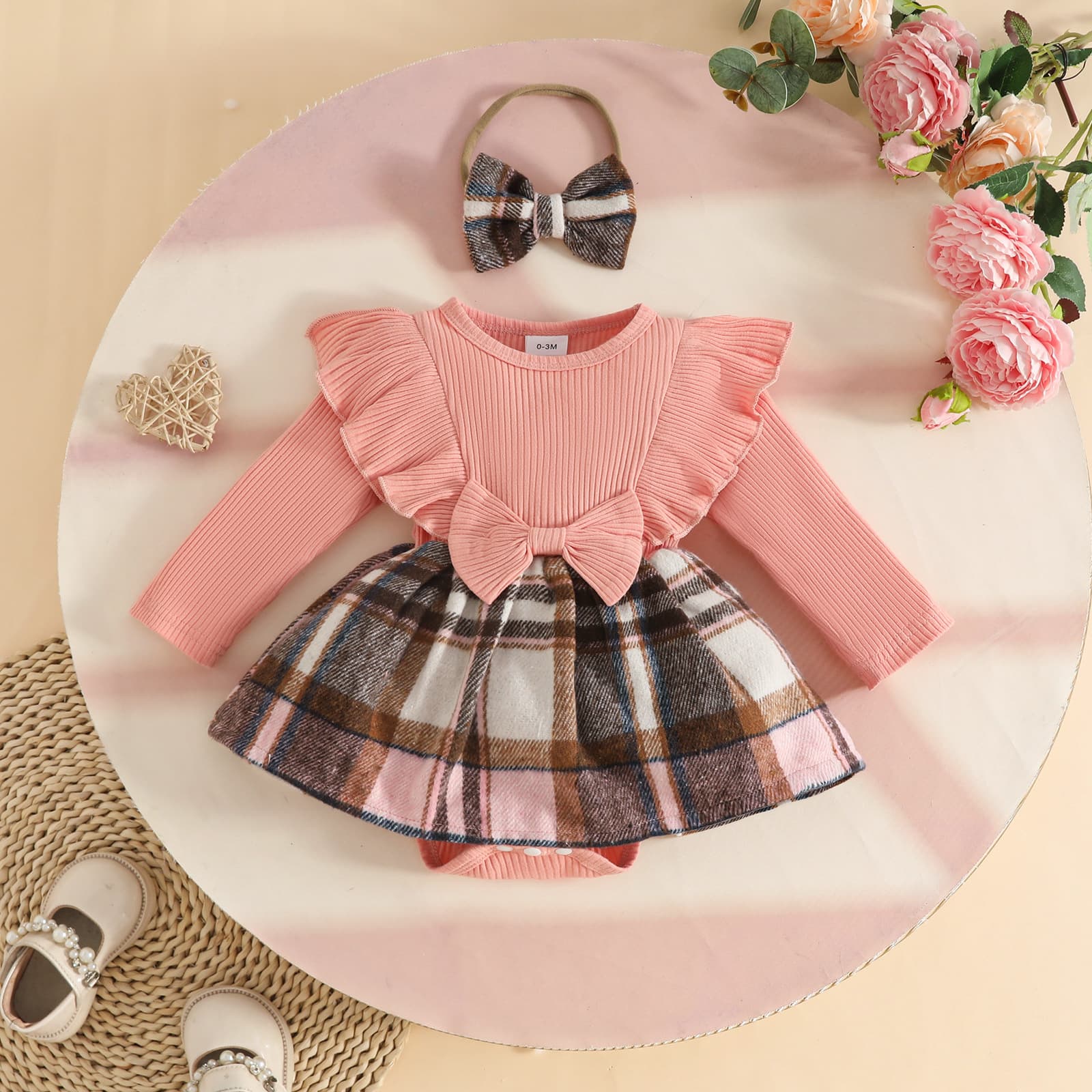 0-1 Year Old Baby Girl Ribbed Stitching Wool Plaid Dress + Headband, Long Sleeve Ruffle Bow Dress for Infant