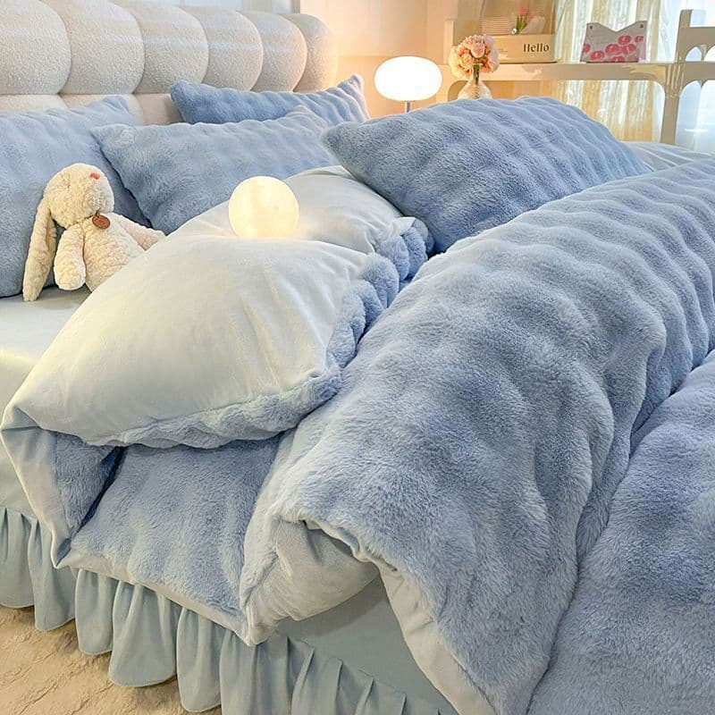 Thickened rabbit fleece four-piece winter bedding set, milk fleece duvet cover, sheet, coral fleece bed skirt, double-sided fleece three-piece bedding set