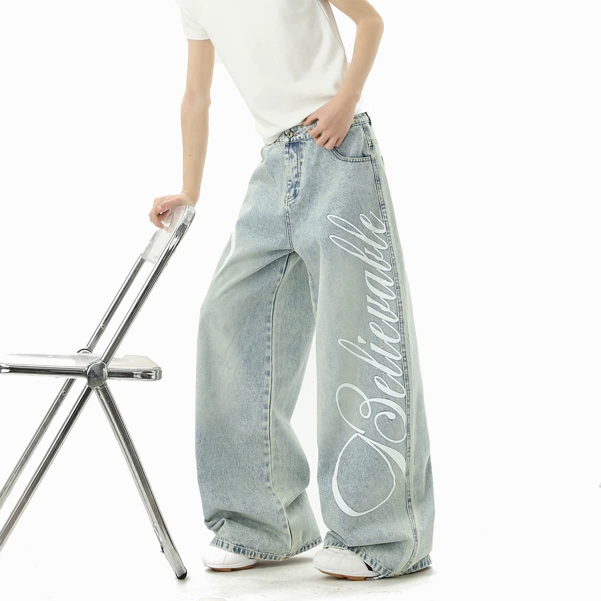 American Letter Print Rhinestone Jeans for Women and Men, Summer Washed Loose Wide Leg Pants High Street Casual Curved Leg Long Pants