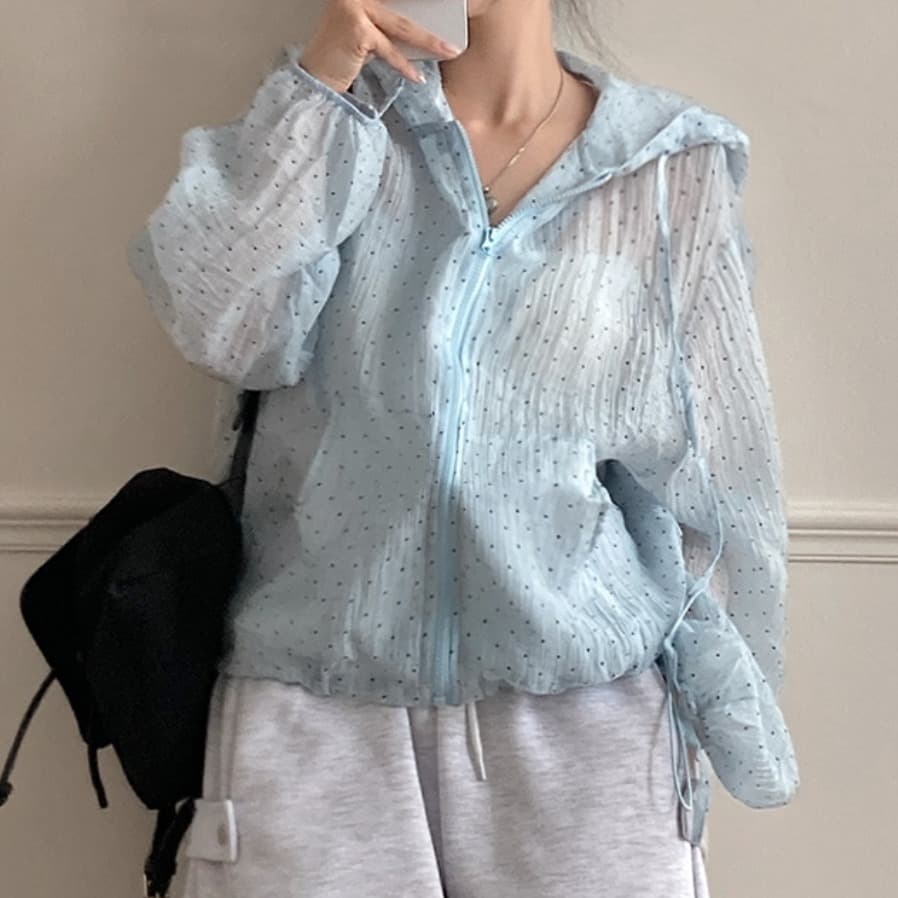 Korean Chic Summer New Polka Dot Sun Protection Jacket Women Hooded Zip Thin Loose Slimming Long Sleeve UV Coat