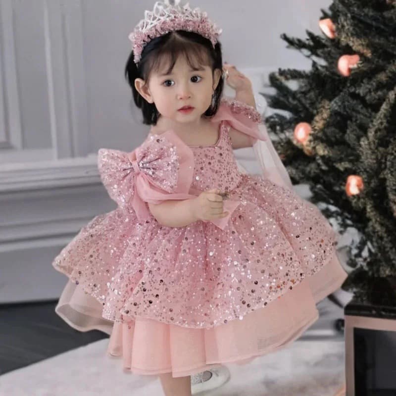 Cross-border Supply Flower Girl Dress Gold Tulle Sequins Bow Shoulder Short Sleeve Birthday Party One-Year-Old Dress