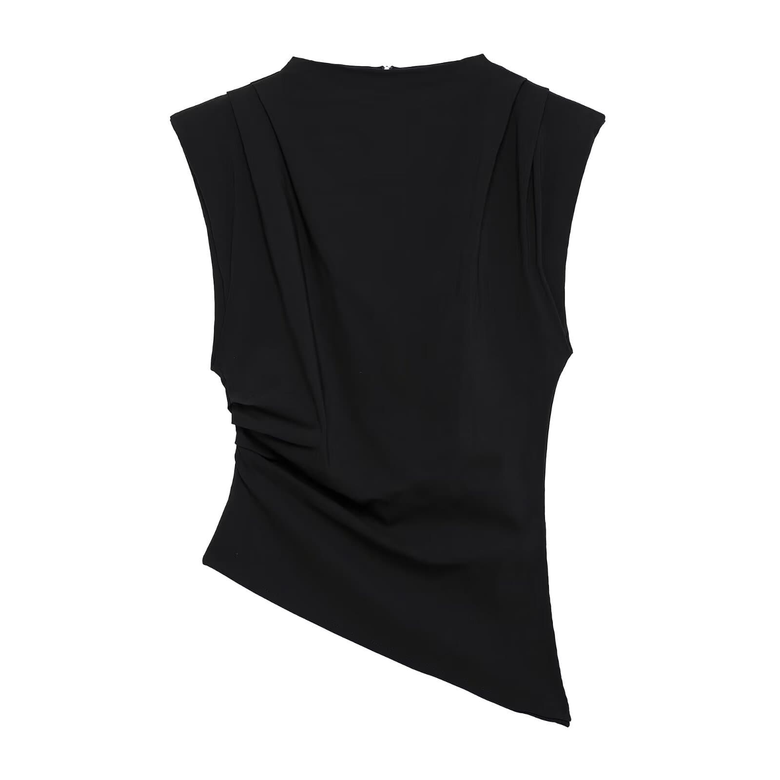 Cross-Border Women's Spring New Arrival European and American Fashion Pleated Asymmetrical Top with Padded Shoulders