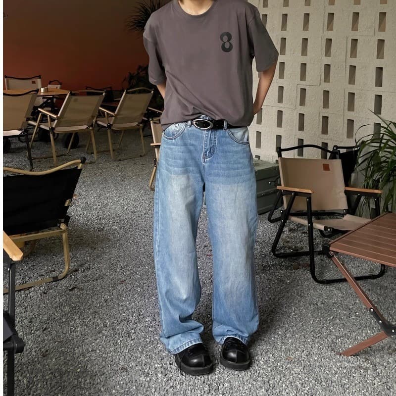 2025 American Retro Casual Cleanfit Jeans for Men Washed Straight Loose Fit Versatile Floor-Length Trendy