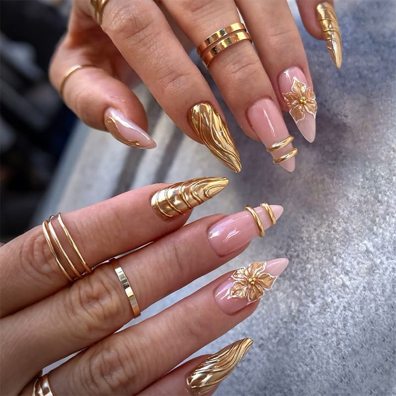 Gold wearable nail patch three-dimensional flower fake nail patch cross-border flower wearable nail set manicure nail patch