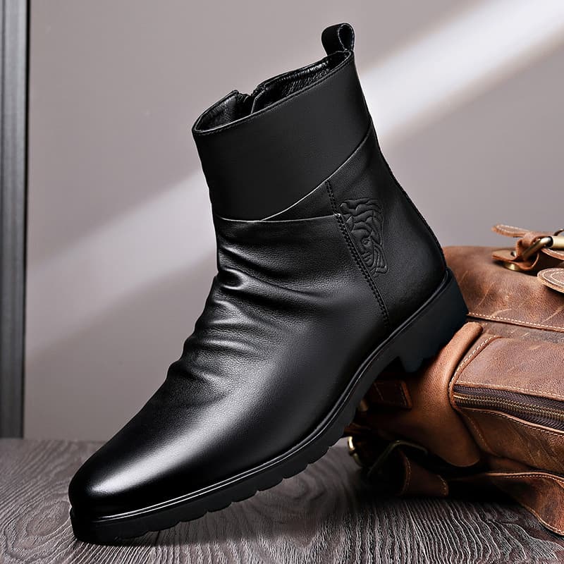 2024 New Top Layer Cowhide Men's Motorcycle Boots Inner Height Increase Side Zipper Mid-Calf Martin Boots Men