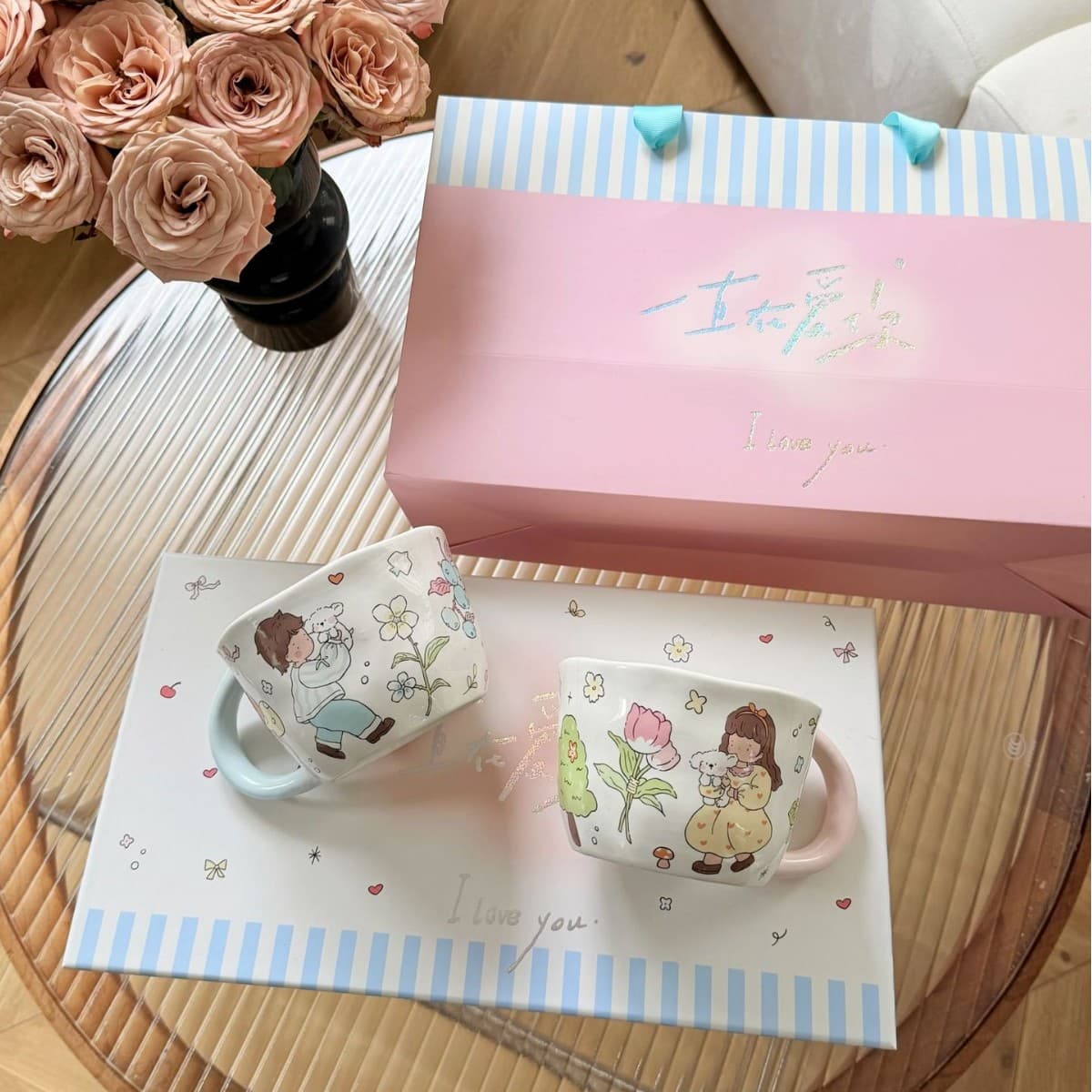 Soft and Cute Illustrated Couple Breakfast Mugs, Gift for the Bride, Ceramic Mugs, High-Looking Couple Gift Box Set for Men and Women