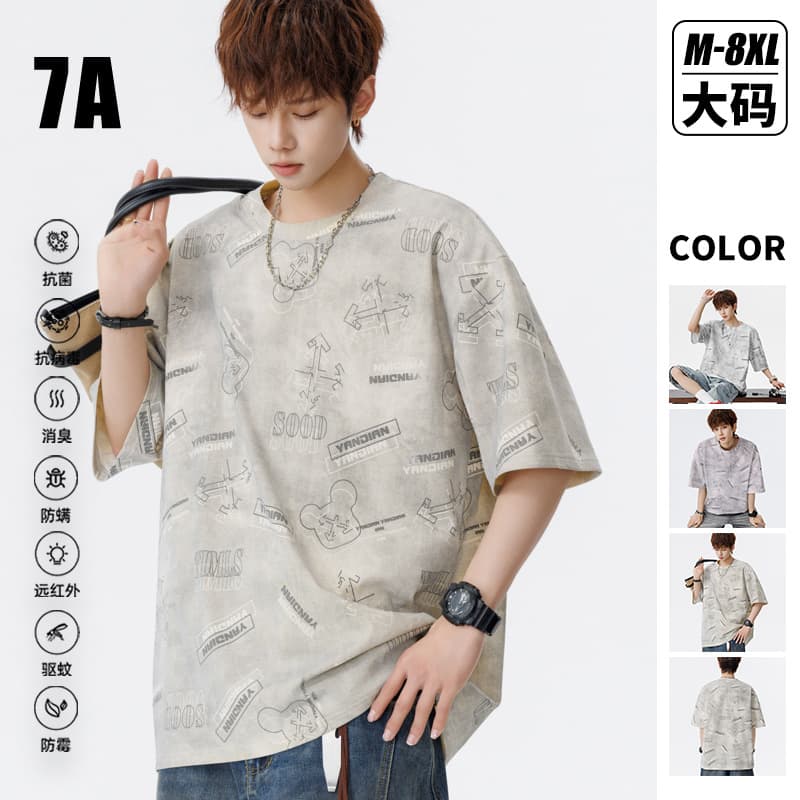 ACU Men's Clothing | Cartoon Pattern All-Over Print T-Shirt for Men 2026 Summer Street Style Personality Loose Fit Big Size Round Neck Short Sleeve