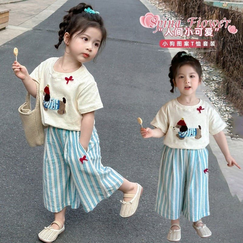 Girls Dog Print Wide Leg Pants Set 2026 Summer New Fashionable Toddler Two-Piece Set Kids Summer Clothes