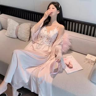 Beautiful Back Sexy New Pajamas Long Dress Ice Silk French Backless Built-in Pads Lace Camisole Nightgown Pure Desire Style Loungewear