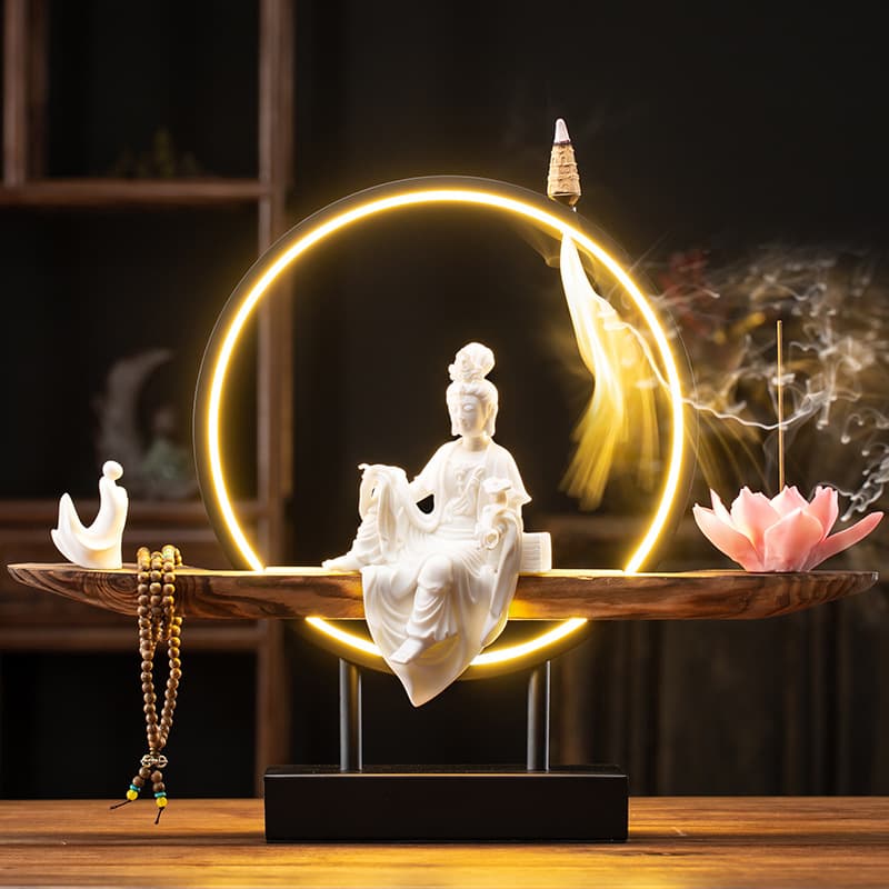 New Chinese Style Lamp Incense Burner Guanyin Buddha Statue Decoration Home Indoor Sandalwood Agarwood Burner