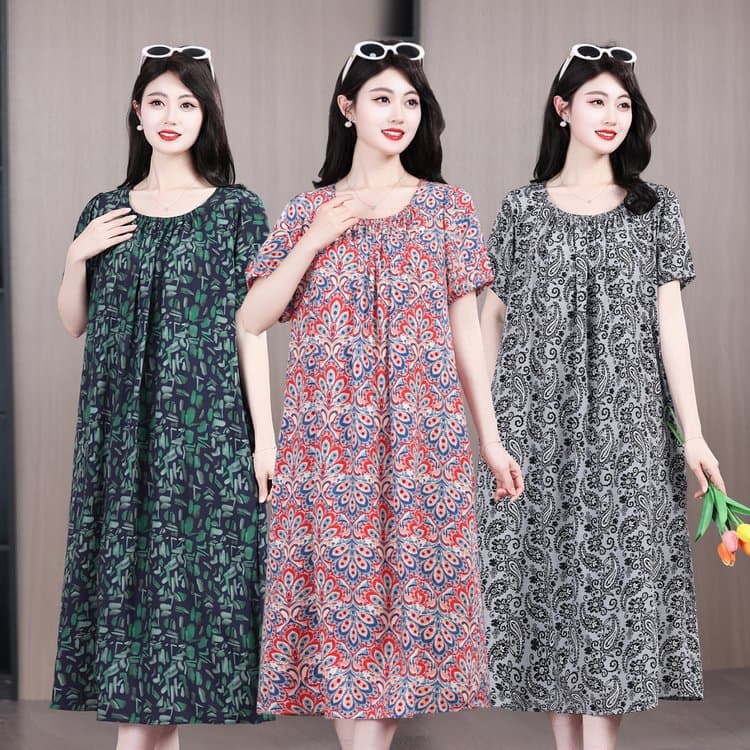 Middle-aged and elderly women's large size loose cotton silk dress 2026 new summer style 50-year-old middle-aged mother long skirt