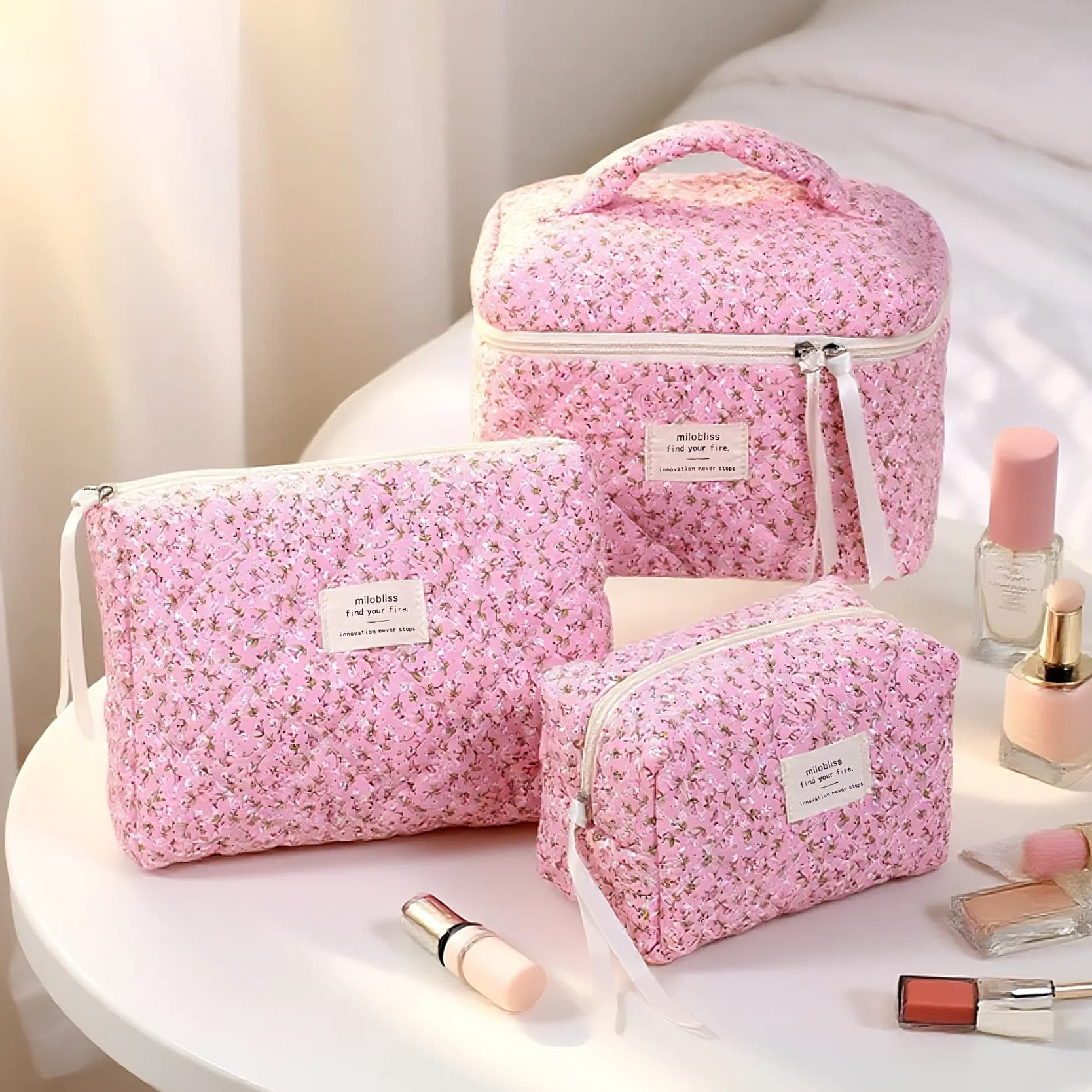 Korean Style Ins Girl Heart Cherry Blossom Quilted Makeup Bag Women Large Capacity Handheld Portable Travel Toiletry Storage Bag