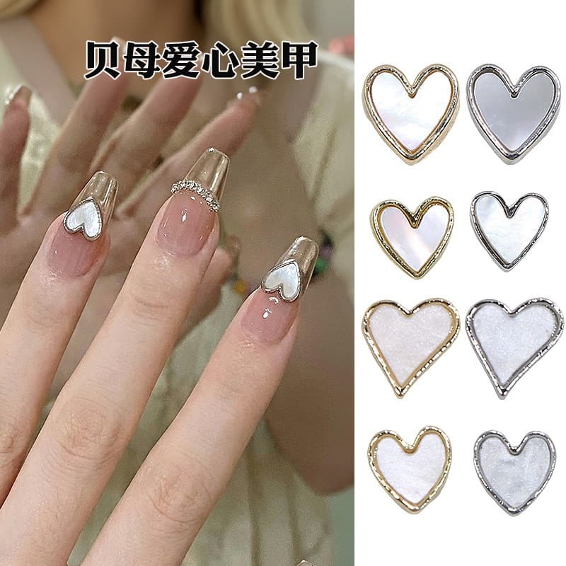 Xiaohongshu Mother-of-Pearl Heart Nail Art Rhinestone Decoration Natural Iridescent Shell Metal-Edge Zirconium Alloy Nail Accessories