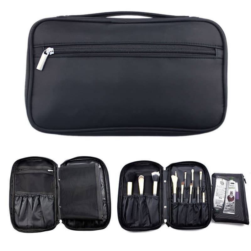 Large Capacity Portable Makeup Brush Storage Bag for Traveling Multi-Functional Black PU Material Wood Handle Professional Makeup Artist