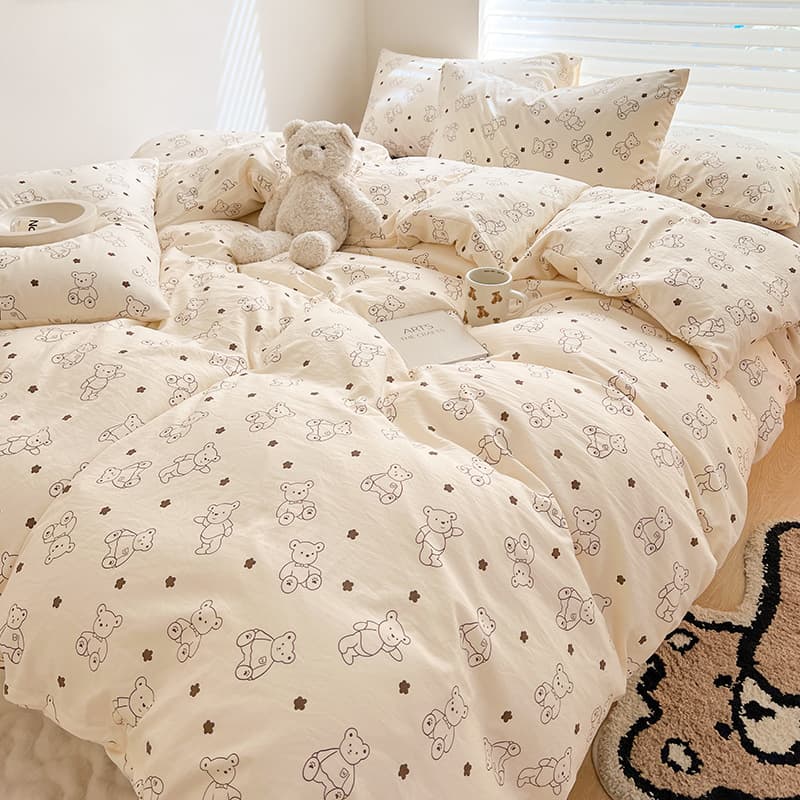 Instagram-style fresh and clean washed cotton four-piece bedding set, Class A mother and baby grade, fitted sheet, pure cotton dormitory bed sheet three-piece set.