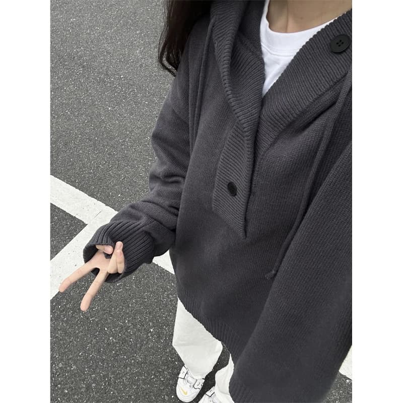 American Retro Hooded Sweater for Men Autumn Winter Cleanfit Half-Zip Knitwear Casual Couple Jacket Trendy