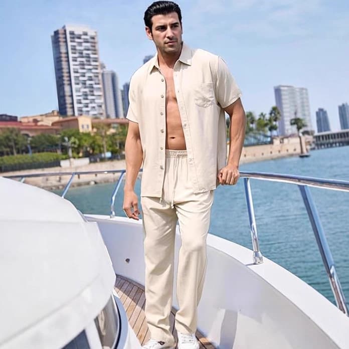 Amazon men's casual top two-piece set cotton and linen solid color beach button short-sleeved shirt loose trousers for men