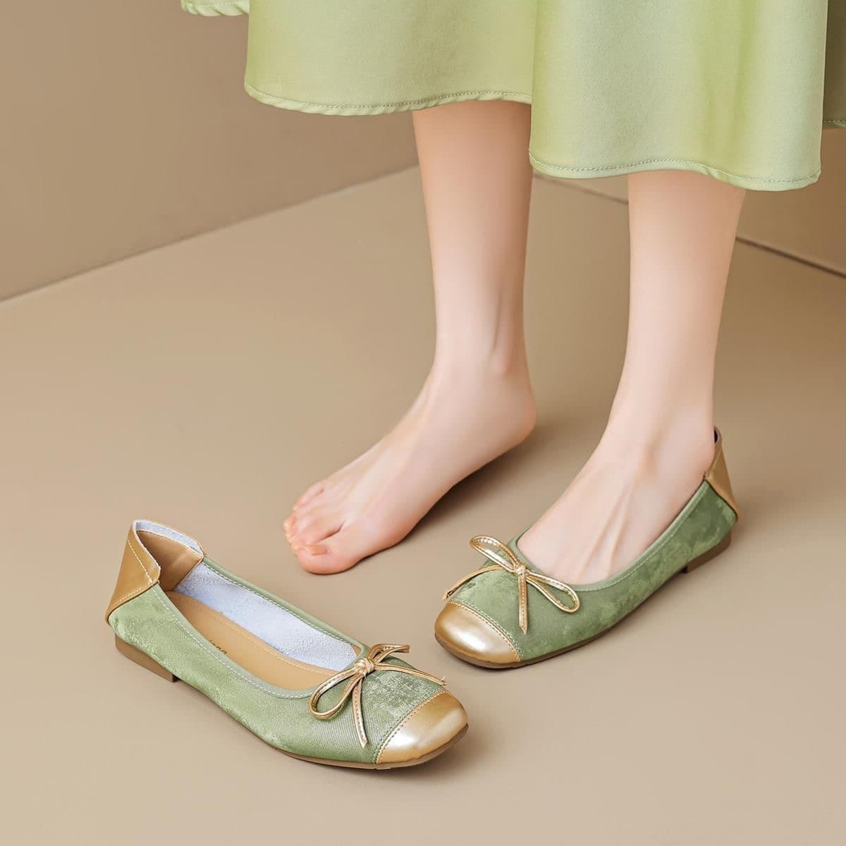Genuine Soft Leather French Ballet Flats for Women Summer 2026 New Style Slip-On Bowknot Soft Sole Low-Cut Shoes