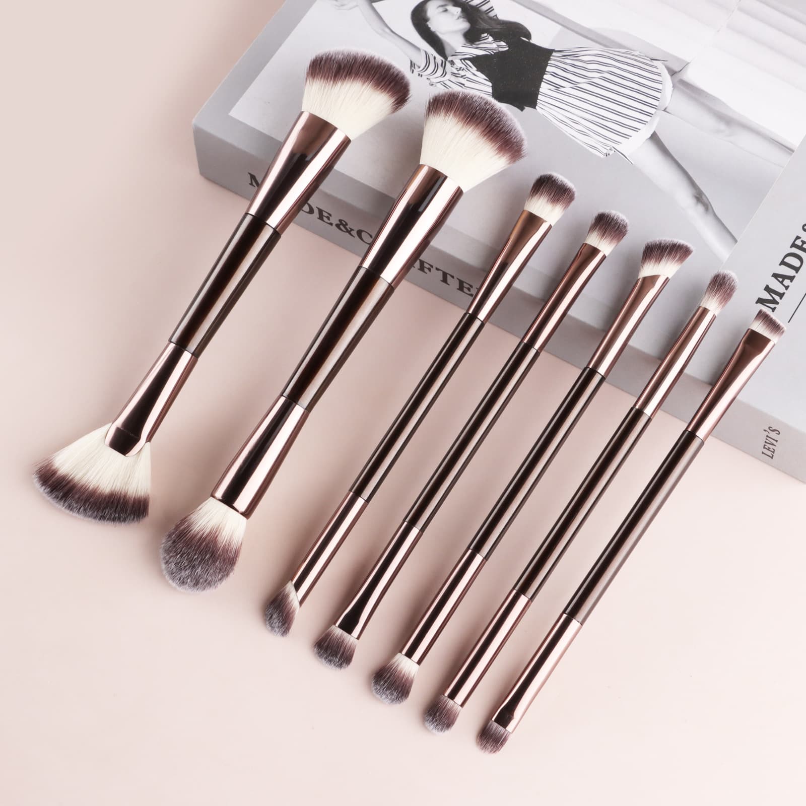 New product 7 double-ended makeup brush set, cross-border dropshipping, factory straight hair, eye shadow, foundation and contouring brush