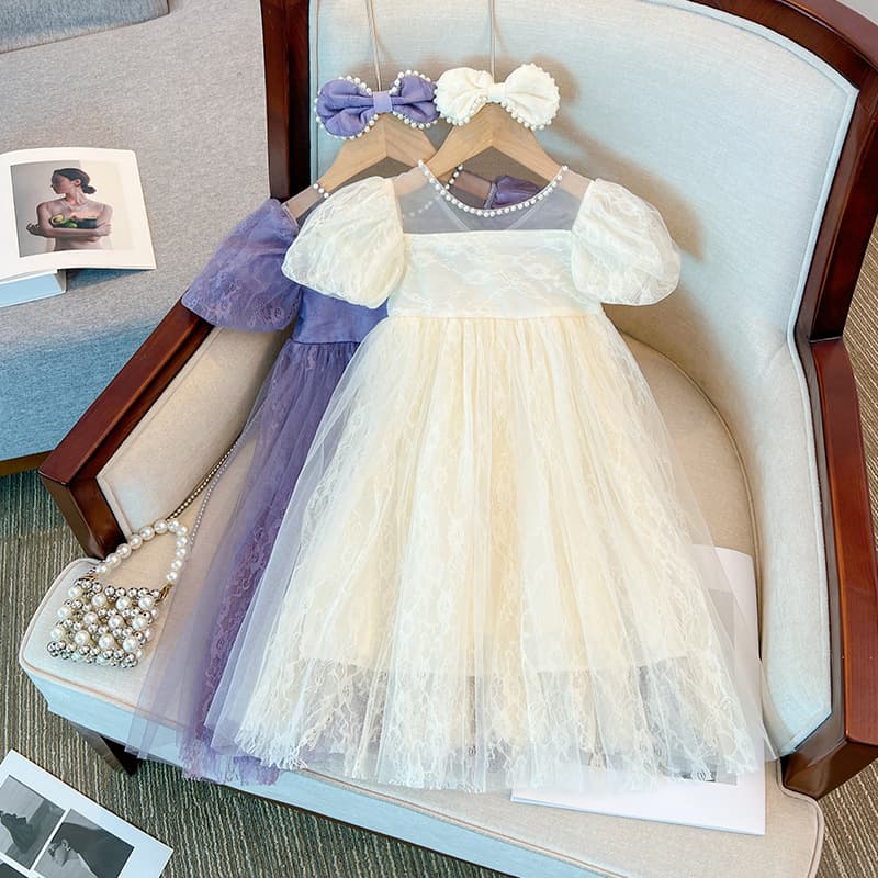 Girls lace dress 2026 summer new style children's fluffy yarn princess dress girl super fairy birthday dress dress
