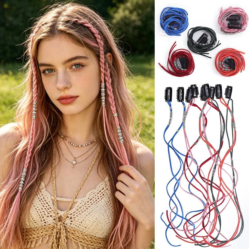Ethnic Braided Hair Rope, Dreadlock Braid Cord, Colorful Braided Hair Accessories for Women, with Beads, Leather and Velvet Rope