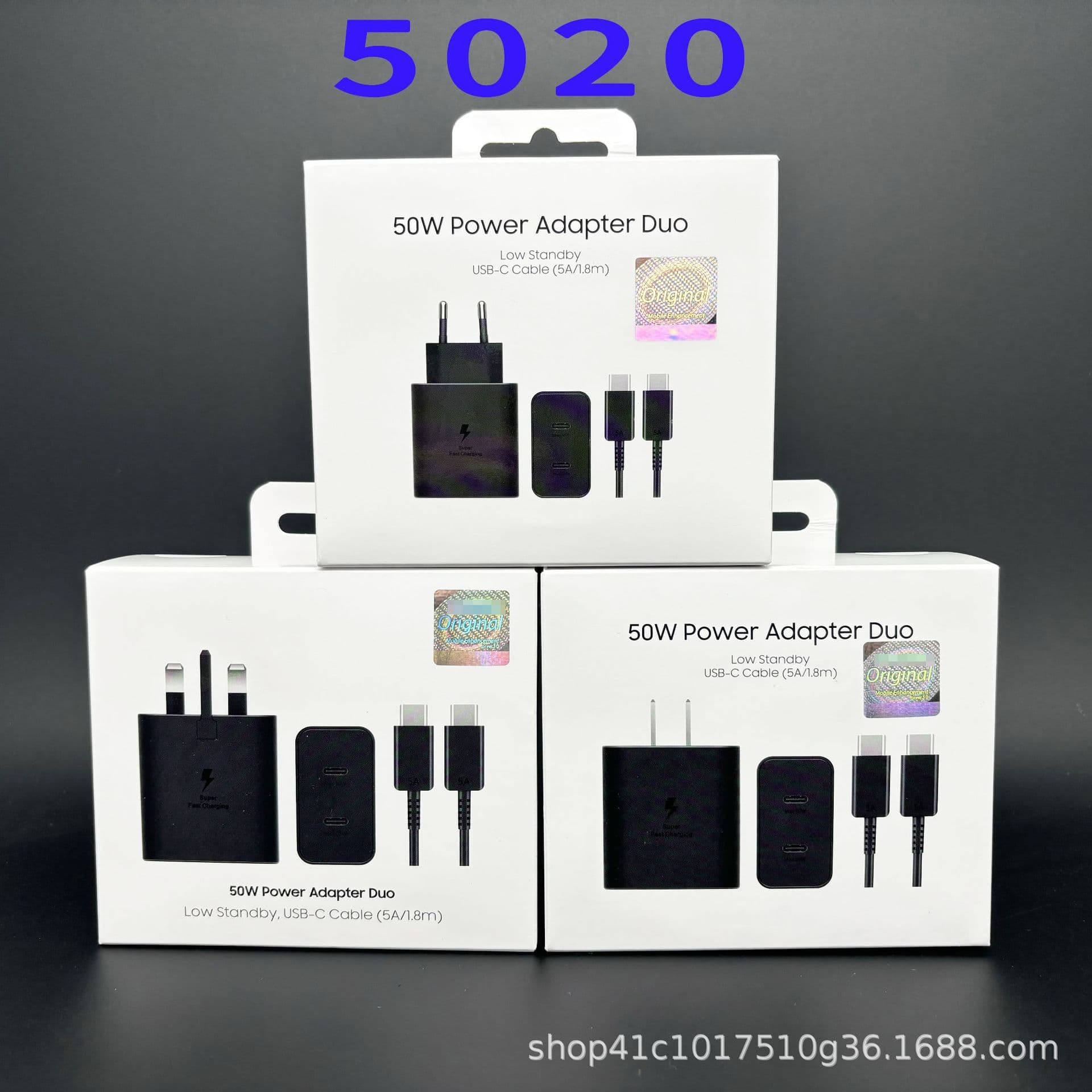Original 50W Fast Charger for Samsung Phones, 5020 EU/UK Plug, 1.8m Cable, Sealed Set